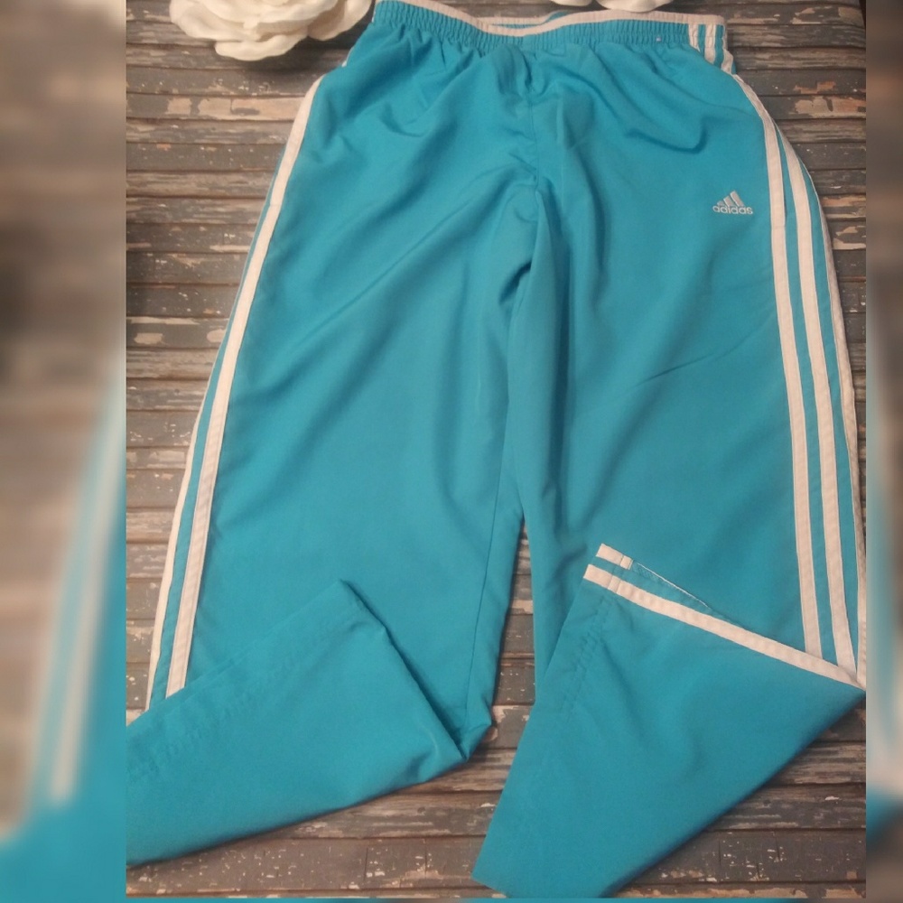 Adidas Women's Teal Blue Track Pants with White Stripes